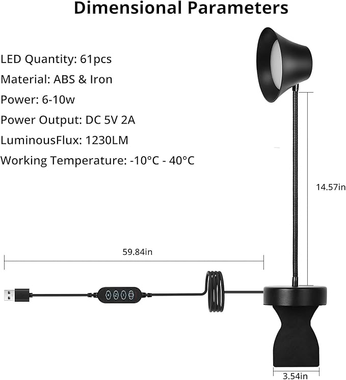 TONYFUL Bed Reading Light, Eye Care Headboard Lamp, No Drilling Headboard Light, 5 Color Temperatures & 10 Brightness Bed Lamp, Flexible Gooseneck, Top Ambient Lighting Bedside Lamp(Black)