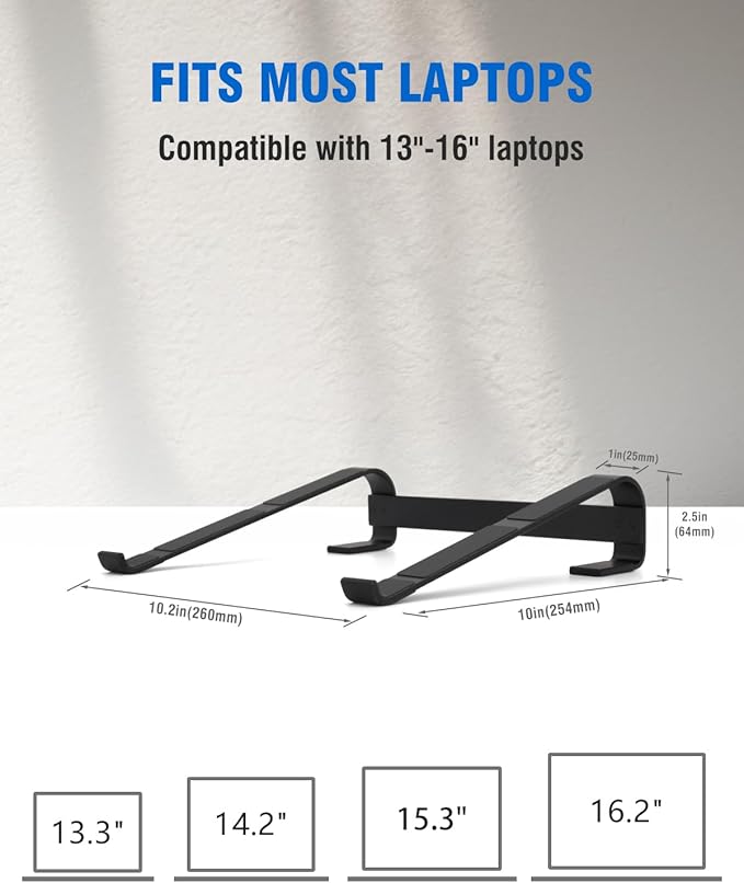 Laptop Stand for Desk, Ergonomic Aluminum Laptop Riser, Sturdy MacBook Stand, Computer Stand Compatible with 12 13.3 14.2 15.3 16.2 Inch MacBook Pro Air/Dell/HP (Black)