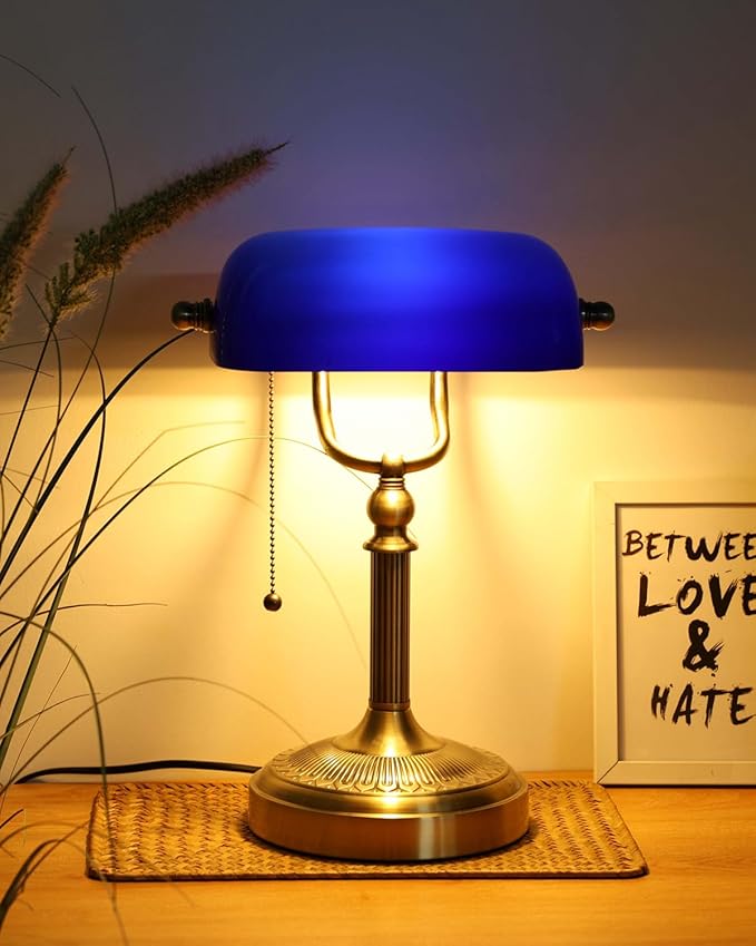 Newrays Blue Glass Bankers Desk Lamp with Pull Chain Switch Plug in Fixture for Home Office,Library