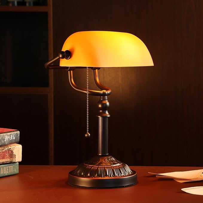 TORCHSTAR Bankers Desk Lamp with Pull Chain Switch, Amber Glass Shade Desk Lamps, Bronze Base, UL Listed, E26 Base, Vintage Library Lamp for Office, Study Room(Matted Orange)