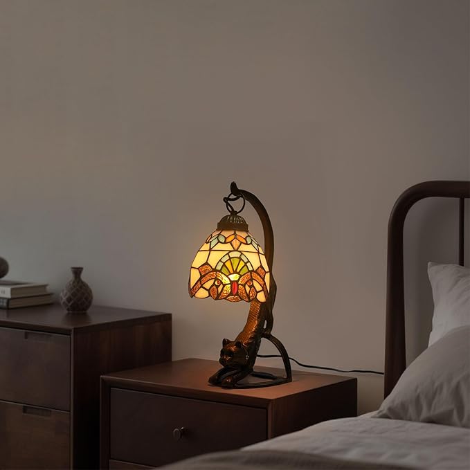 Tiffany Style Table Lamp, Stained Glass Bedside Nightstand Lamps with Cat Base, Vintage Antique Small Desk Light for Bedroom Living Room Home Office Reading Decoration, 5.9x15.74in (Style 1)