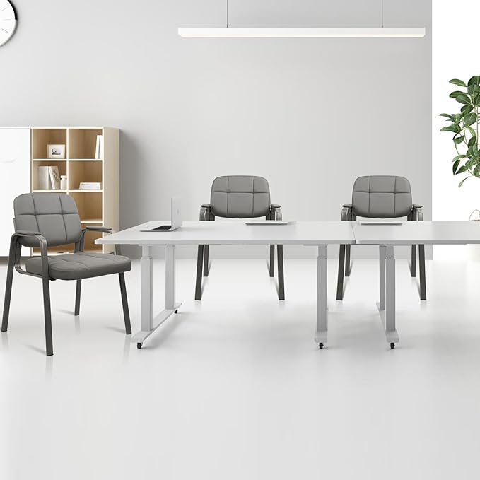 CLATINA Waiting Room Chairs No Wheels Set of 2, Stationary Leather Office Reception Guest Chair with Padded Arms for Elderly Desk Conference Room Lobby Table Side Salon, Grey