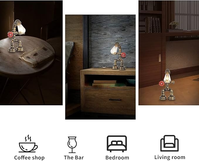 Water Pipe Table Lamp Robot Style- Retro Industrial Table Light- Antique Steampunk Metal Desk Lamp Bedside Lighting Fixture for Office, Reading Kids Room, Cafe Bar (Bronze-Style A)