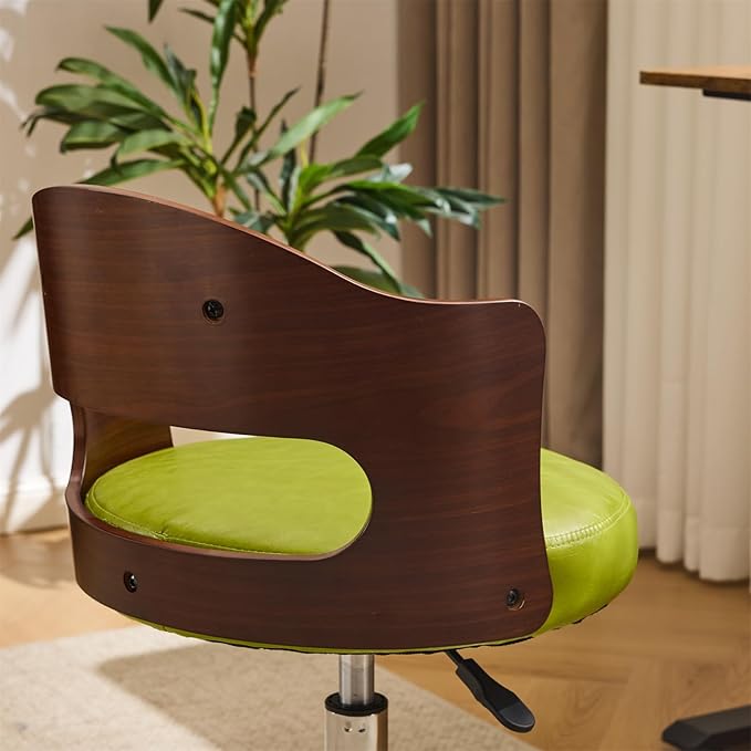 VINGLI Armless Home Office Desk Chair, Adjustable Swivel Chair,Dual-Use with/no Wheels,Small Retro Designed Walnut Curved Task Chair,Cushioned Nail Tech Chair for Study Area,Workspace,PU,Grass Green