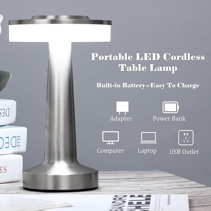 VIHOSE 12 Pcs Silver Cordless Table Lamps LED Portable Rechargeable Table Lamp with Touch Sensor 3 Color Dimming up to 15 Hours Battery Desk Light for Restaurant Nursery Living Room