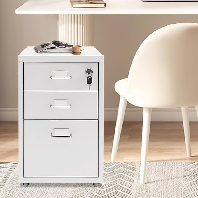 3 Drawers Rolling File Cabinet, Metal Filing Cabinets with Lock, 18.3 inch H Vertical Filing Cabinet Under Desk for Home Office, Heavy Duty Metal Storage Cabinet for A4/Letter/Legal Size File