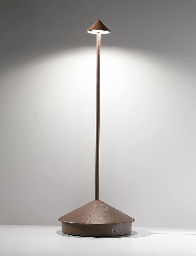 Zafferano Pina Pro Cordless LED Table Lamp (Rust) in Powder-Coated Aluminum, Touch Dimmable, Indoor Outdoor Use, Contact Charging Base, USA Plug