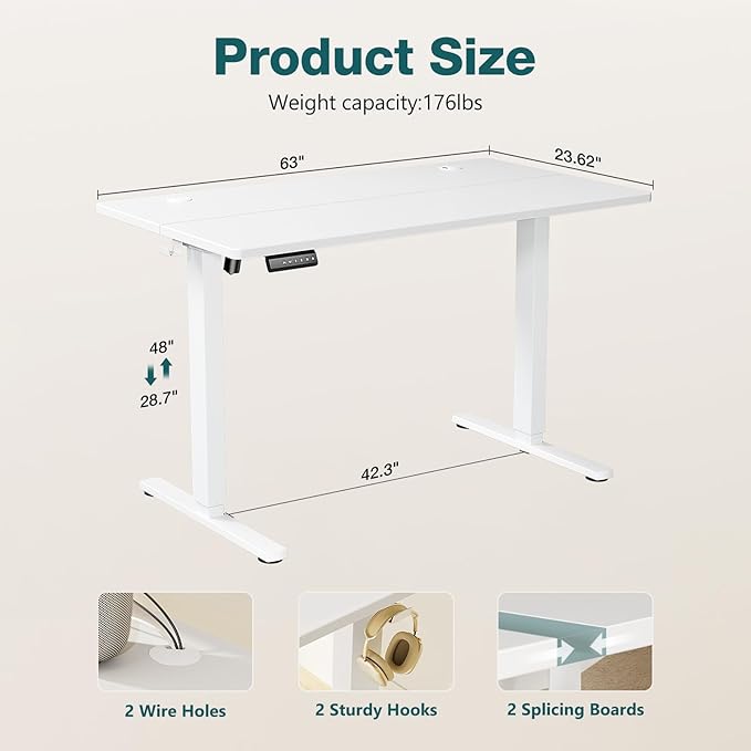 Electric Standing Desk, Adjustable Height Stand up Desk, 63x24 Inches Sit Stand Home Office Desk with Splice Board,White