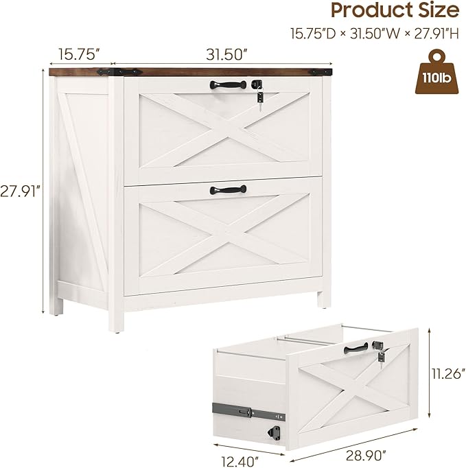 2 Drawer File Cabinet with Lock, Farmhouse Lateral Filing Cabinet Fits Letter/A4/F4/Legal Size, Wooden File Cabinets Printer Stand for Home Office, White