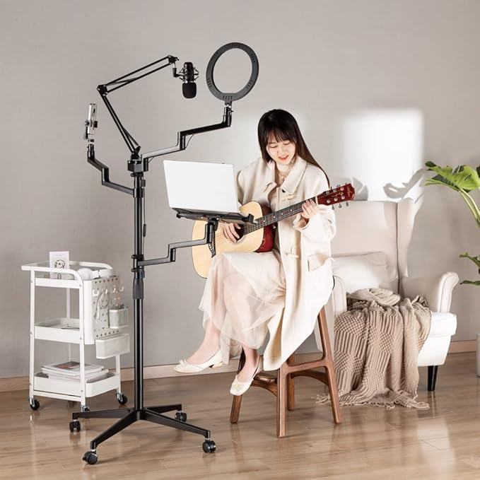MDS11-2 Live Broadcast Boom Arm And Mobile Cart | Flexible Desk Mount Camera Arm | Clamp Webcam Stand | Microphone Boom Arm | Laptop Stand | 10" LED Ring Light | Voice Recording And Podcasting