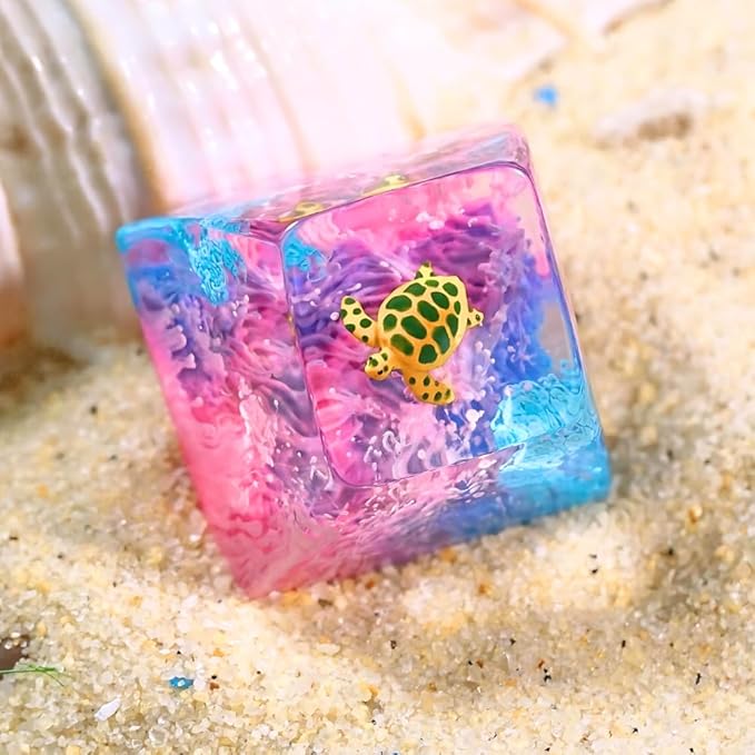 Sea Turtle Artisan Keycap Pink and Blue Ocean Coral R1 SA Profile Custom Sea Creatures Keycaps 1U ESC Handmade Gaming Resin Key Cap Cherry MX Switch Compatible Mechanical Keyboard Turtle Lover Gift