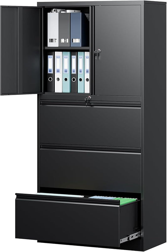 Letaya 3 Drawer Metal Storage Cabinets for Home Office,File Cabinet with Lock and 2 Adjust Shelves-Hang Filing Legal/Letter/A4/F4 Size(Black
