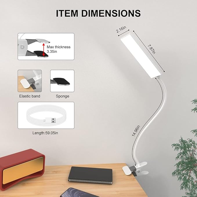 RAOYI LED Desk Lamp, 5W USB Clip on Light Eye-Caring Reading Clamp Table Lamp with 48 LEDs Flexible Gooseneck, 3 Color Modes and 14 Brightness Levels for Office Bedroom Study (White)