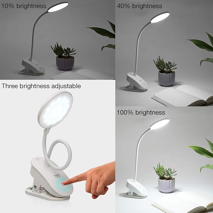 Miady 2 Pack Clip on Lamp,Battery Powered Reading Light,Clamp for Bed with 3 Brightness Level,USB Rechargeable