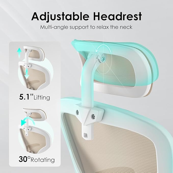 Farini Ergonomic Office Chair, Home Office Desk Chair with Headrest, High Back Computer Chair with Armrests and Adjustable Lumbar Support for Home Office Study Room, White & Khaki