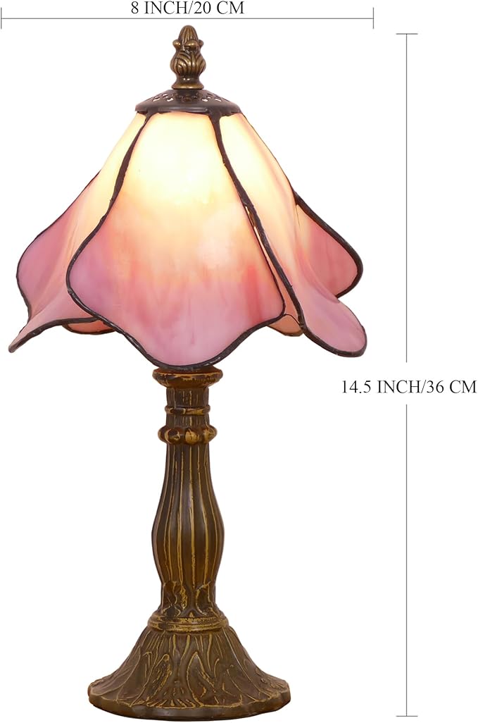 Small Tiffany Lamp Mini Stained Glass Table Lamp Bedside Accent Lamp Memory Sympathy 8X14.5 Inch (Pink)