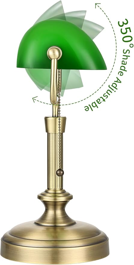 Traditional Banker's Desk Lamp with Glass Shade,Pull Chain Switch, LED Bulb Included (Antique Bronze+Green)