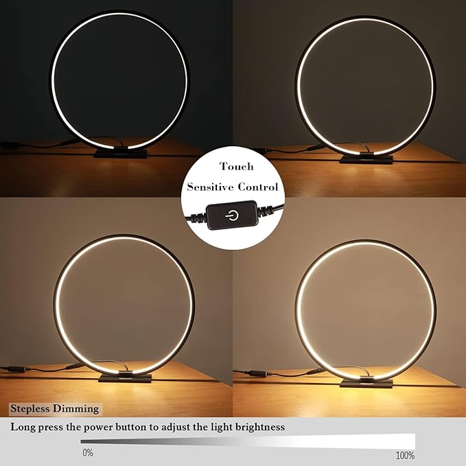 Modern Circle Table Lamp LED Warm Light Nightstand Lamp Black Bedroom Lamp with Dimmable Touch Control for Reading Bedroom and Office