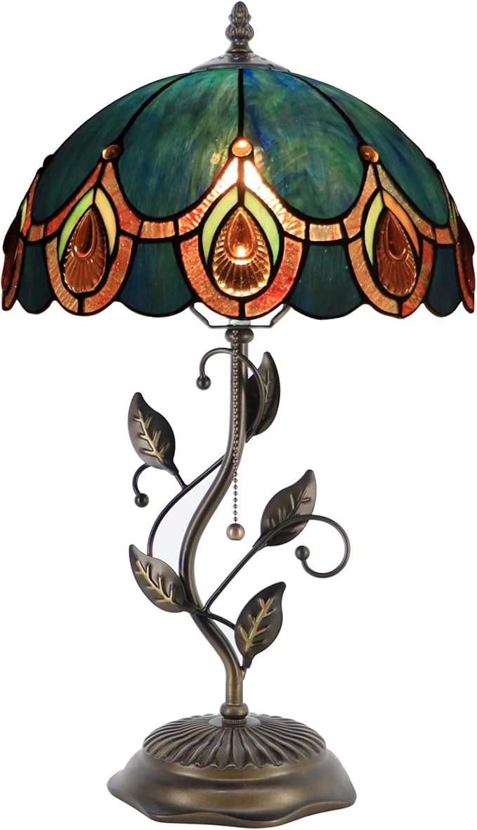 Tiffany Table Lamp, Stained Glass Style Desk Lamp, 12X12X19 Inch,Bedside Reading Light, Metal Leaf Base (Peacock Crystal Style)