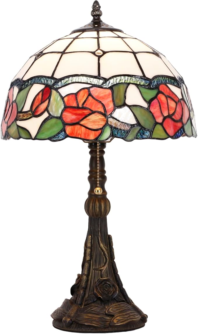 Tiffany Stained Glass lamp 12X12X19 inch red Rose Style Desk Reading Light in Bedroom Living Room (Red Rose)