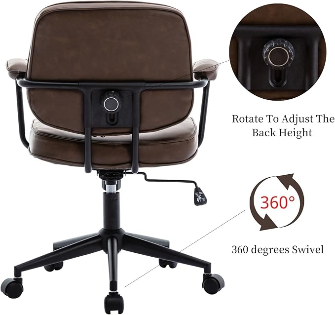 LukeAlon Adjustable Pu Leather Home Office Chair, Comfy 360° Swivel Task Chair with Armrest Modern Thickened Seat Desk Chair Tiltable Computer Chair with Buttons & Wheels, Brown