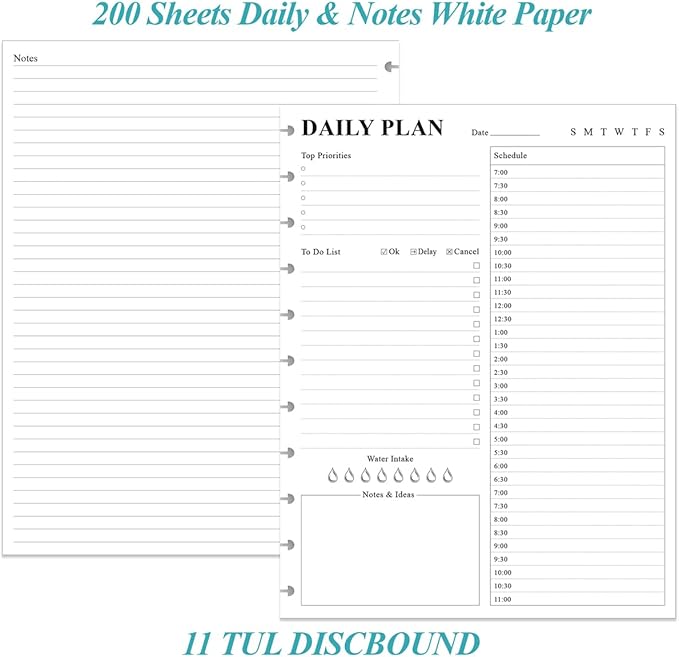 (2-Pack) Undated Daily Planner Refill - 11 Disc Discbound To Do List Refills, Letter Size 200 Sheets/400 Pages Planner and Lined Refill, Day Planner Insert, 100 gsm White Paper, 8.5'' x 11''