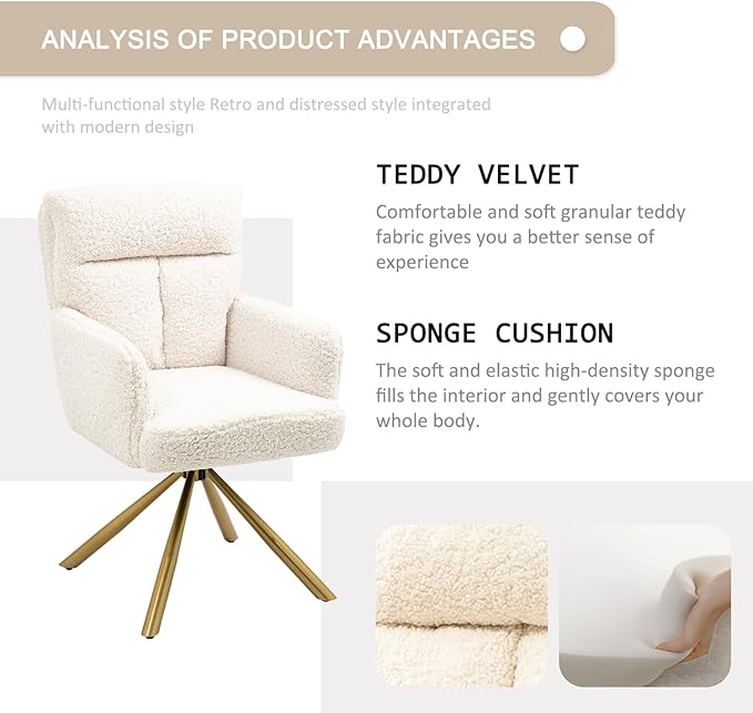 Teddy Office Desk Chair No Wheels, Modern Vanity Chair with Gold Legs, Boucle Accent Chair, Wide Seat Computer Task Reading Armchair for Home Office (Beige)