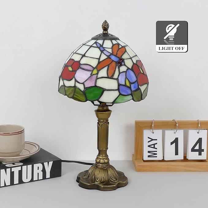Tiffany Table Lamp Beautiful Dragonfly and Flower Style Lamp Handmade Stained Glass Desk Lamps Gifts Resin Base 14.2" Tall Vintage Reading Lamp for Office,Living Room, Bedroom, Study Room