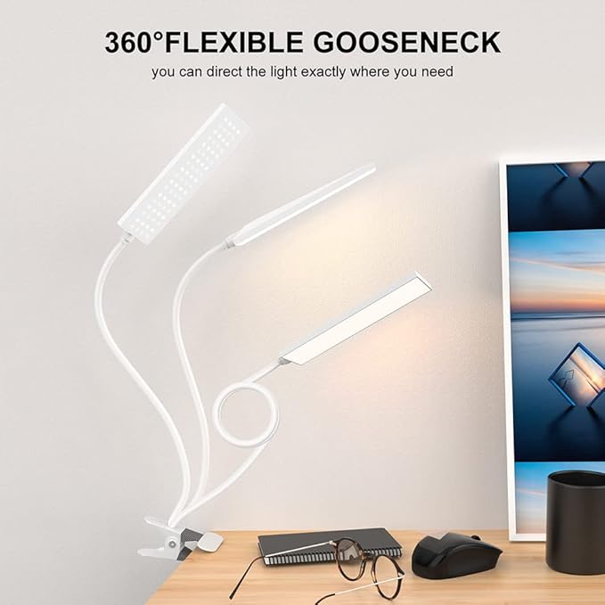 RAOYI LED Desk Lamp, 5W USB Clip on Light Eye-Caring Reading Clamp Table Lamp with 48 LEDs Flexible Gooseneck, 3 Color Modes and 14 Brightness Levels for Office Bedroom Study (White)