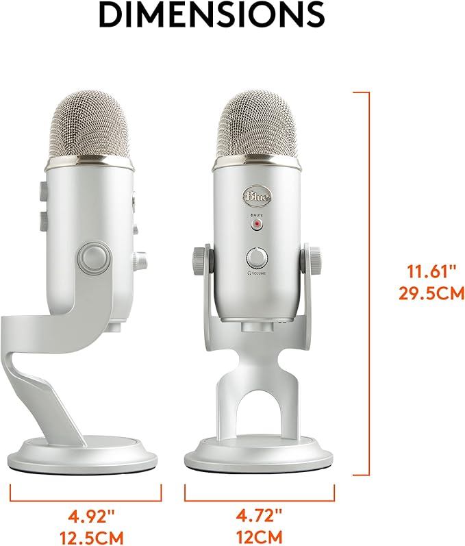 Logitech Creators Blue Yeti USB Microphone for Gaming, Streaming, Podcast, YouTube, Discord, PC, Studio Sound, Plug & Play-Silver