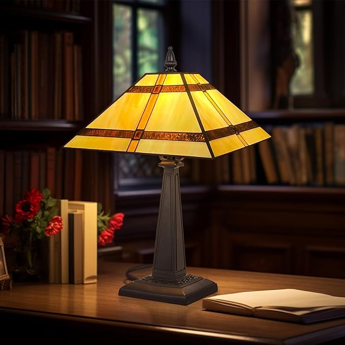 Tiffany Table Lamp,Amber Stained Glass Table Light,Antique Style Medium Size Desk Lamp Vintage Beside Reading Lamp for Living Room Bedroom Office