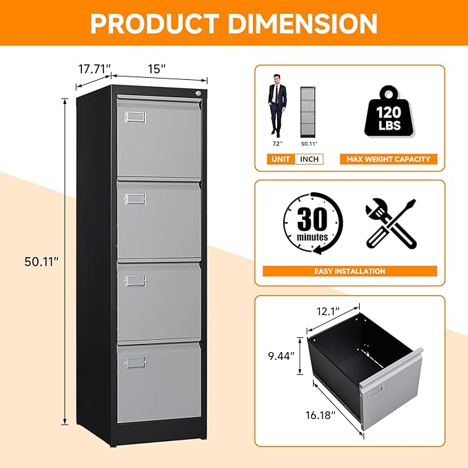 Metal Vertical File Storage Cabinet, 4 Drawer File Cabinet with Lock, 18" Deep Vertical Filing Cabinets for A4 Legal/Letter Size, Assembly Required (4 Drawer - Gray Black)