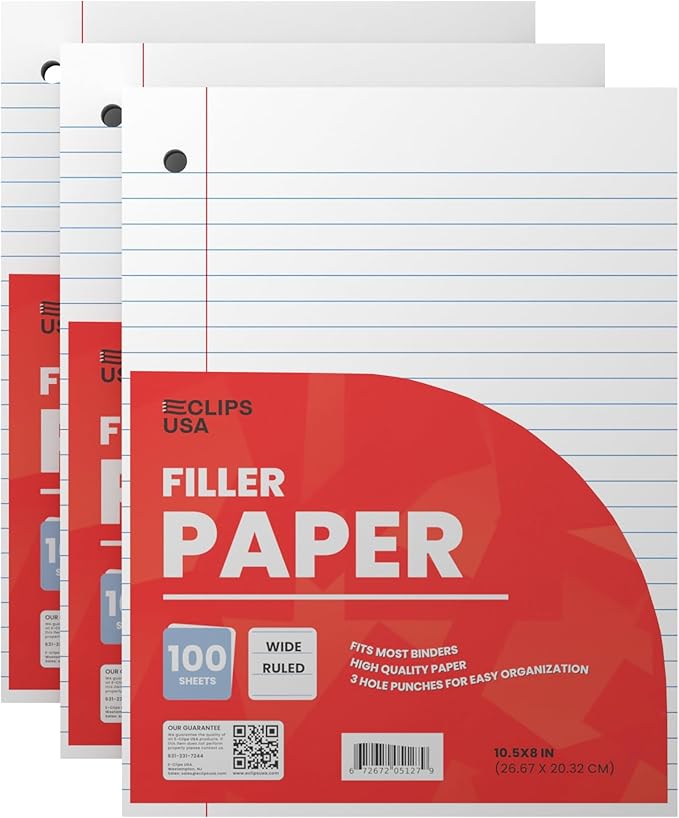 Notebook Paper, Loose Leaf Paper, Wide Ruled Paper, 10.5” x 8”, Filler Paper, 100 Sheets Per Pack, 60 gsm (3 Pack)