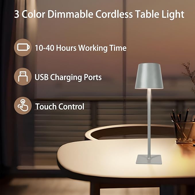 MIOBLUE 2 Pack Cordless Table Lamp,Portable LED Desk Lamp, 5200mAh Battery Operated, 3 Color Dimmable Table Light for Restaurant,Coffee Shop Night Light,Bedroom,Bars,Outdoor Party,Camping(Grey)