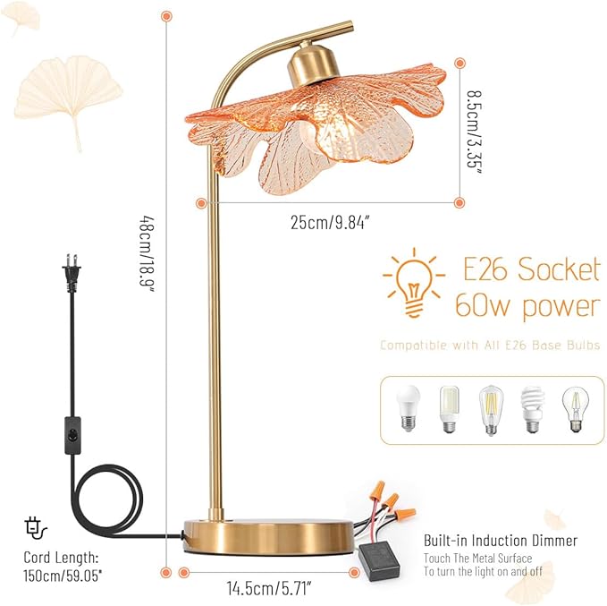 Mid Century Modern Table lamp 2 Pack Gold Table Lamps with Touch Switch Amber Glass Tall Table lamp Bedside Desk lamp nightstand lamp Small Table lamp for Bedroom Living Room Office