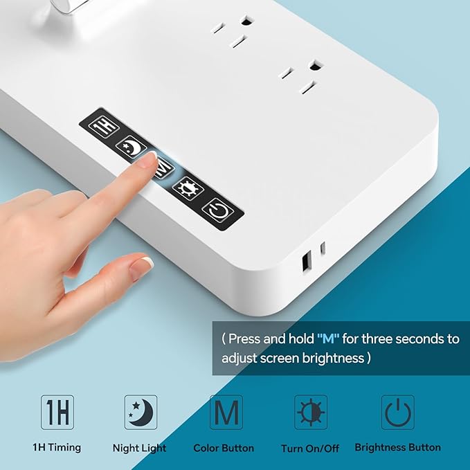 Power Strip with LED Desk Lamp, 2 Outlets 1 USB-A Ports 1 Type-C Ports, Small Desk Lamp with Surge Protection and Led Display, 5ft Extension Cord, 5 Color Modes 5 Brightness, Dorm Room Essentials