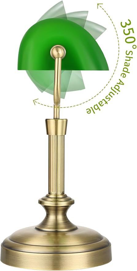 Traditional Banker's Desk Lamp with Glass Shade,Pull Chain Switch, LED Bulb Included (Antique Brass+Green+Touch)