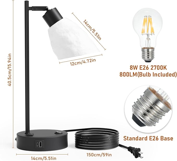 Neoglint Industrial Bedside Table Lamp, Dimmable Lamps for Bedrooms with USB A+C Ports AC Port, Vintage Moon Lampshade Desk Lamp 8W LED Bulb Bedside Nightstand Lamps for Living Room Office