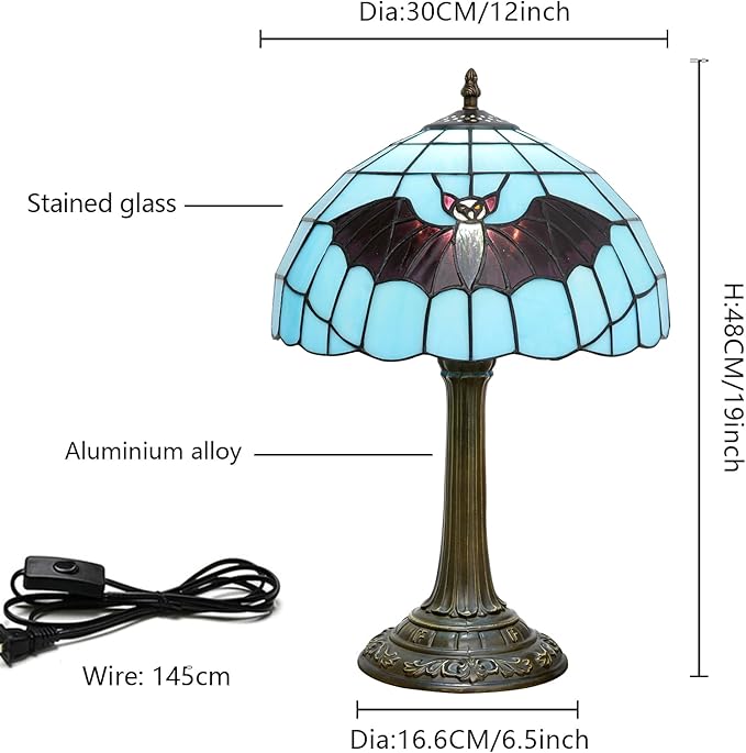Retro Blue bat Style Stained Glass Table lamp Tiffany Lamps Living Room Office Hotel Bar Kitchen Desk Reading Bedroom Bedside Table Lamp Holiday Gift Halloween Home Decoration 12X19 inches