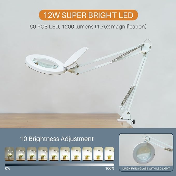 12W LED Magnifying Lamp with Clamp - 10 Brightness Levels, 6500K, 1200 Lumens | 5 Inch Lens (1.75x Magnification/3 Diopters) for Reading, Sewing, Nail Art & Crafting (White)