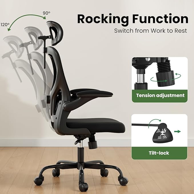 Soohow Ergonomic Office Chair, Office Mesh Desk Chair with Adjustable Lumbar Support Armrests, Comfy Computer Desk Chair with Headrest, for Home and Office, Black & Black
