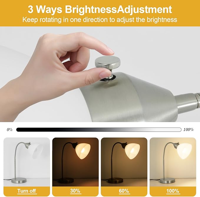 LED Desk Lamp for Home Office, 3 Levels Dimmable Reading Light, Flexible Gooseneck Table Lamp for Bedside Office, Rotary Switch Control, Desk Lamp for College Dorm Study Lamp, Bulb Included, Sliver