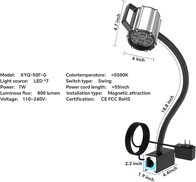Super Strong Magnetic Base LED Work Light, 800 Lumens IP66 Waterproof Gooseneck Lamp for Machine Shop, Lathe, Drill Press Repair