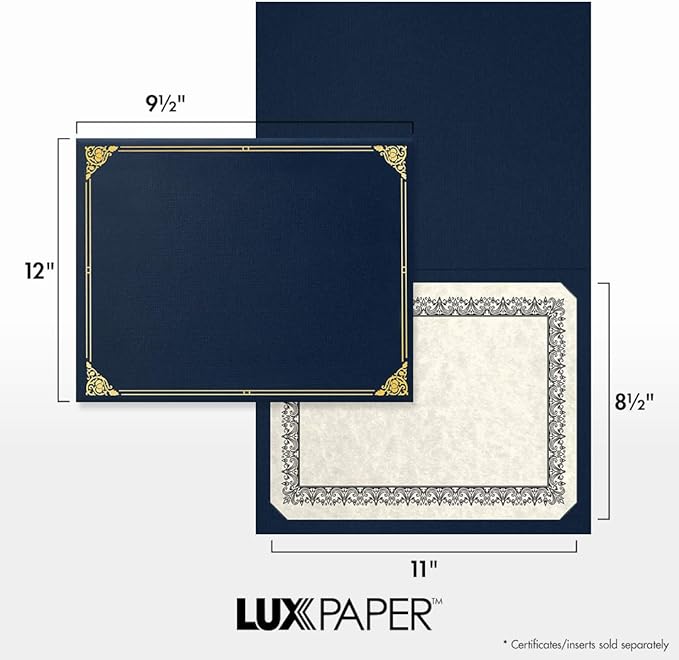 LUXPaper 9.5" x 12" Certificate Holders | Nautical Blue Linen | Embossed Silver Foil Floral Border | 100lb. Cover | 250 Qty