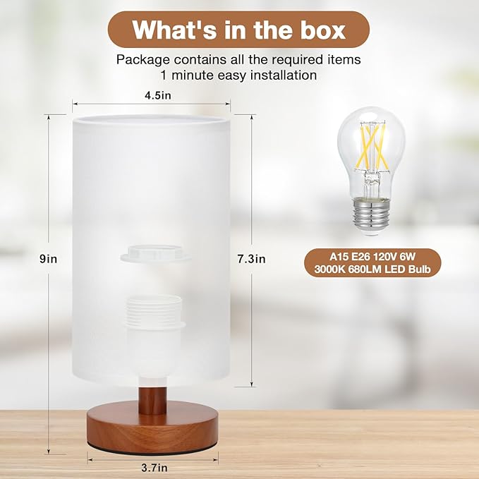 Small Table Lamp for Bedroom - Inline Control, Bedside Lamp with 3000K A15 LED Blub, Easy Assembly (White Shade - Walnut Base, 9" Inline Control)