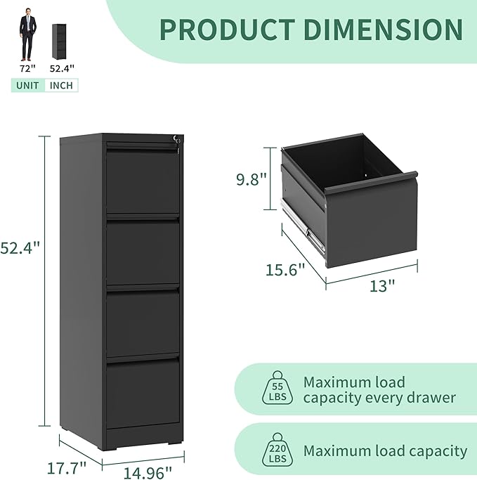 File Cabinet, Vertical File Cabinets with Lock for Home Office,Heavy Duty Office Steel Filing Cabinet for Hanging Letters/Legal/A4, Assembly Required (Black, 4 Drawers)