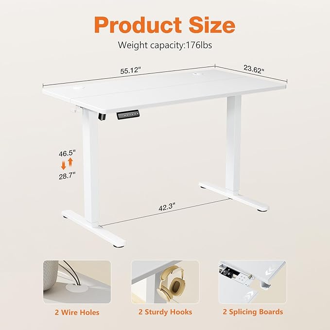 Sweetcrispy Electric Adjustable Height Standing Desk - 55 x 24 inch Sit to Stand Up Desk with Splice Board, Rising Home Office Computer Table with 2 Hook and Wire Hole for Work