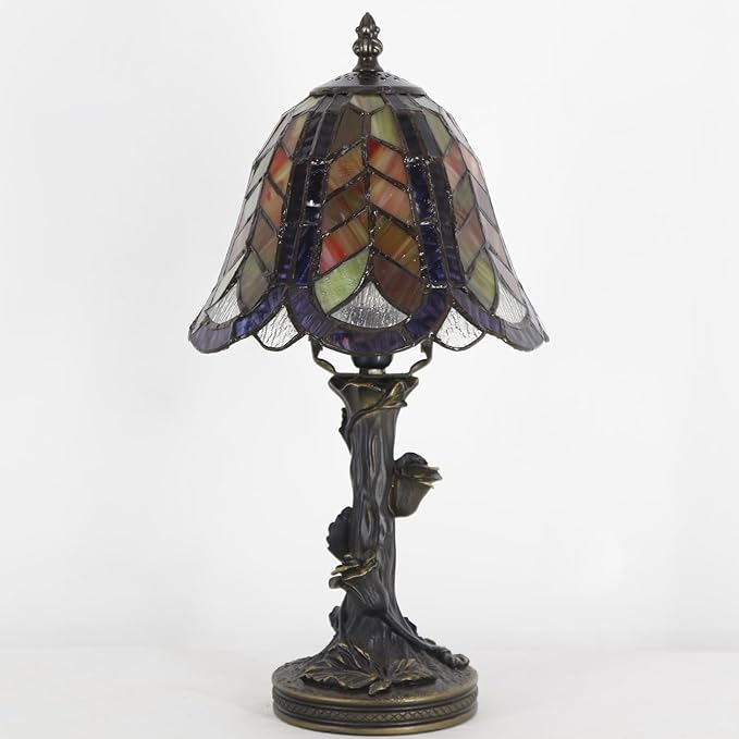 Small Tiffany Lamp Mini Purple Maple Leaf Stained Glass Table Lamp Desk Light 8X8X15.5 Inches with Resin Flower Bas