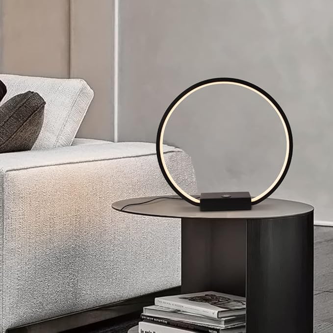 LED Circle Table Lamp Touch Control 3-Way Dimmable Bedside Nightstand Lamp with USB Port Modern Tabletop Lamps, 12W 3000K Warm Light, Desk Lamp for Bedroom Living Room, Black