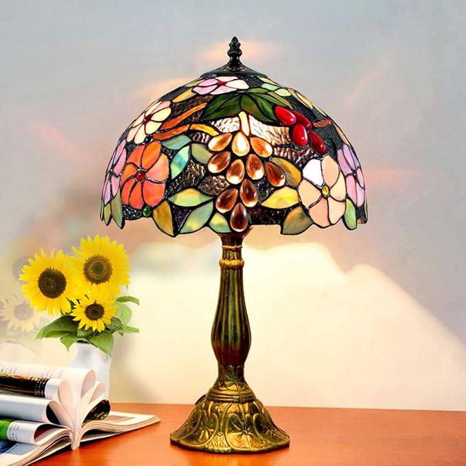 Tiffany Table Lamp Hand-Made Grape Rose Stained Glass Table Lamps Bedside Nightstand Lamp for Bedroom, Living Room, Home Office Desk Lamp,Home Deco Art,W/LED E26 Bulb,12X12X18Inch